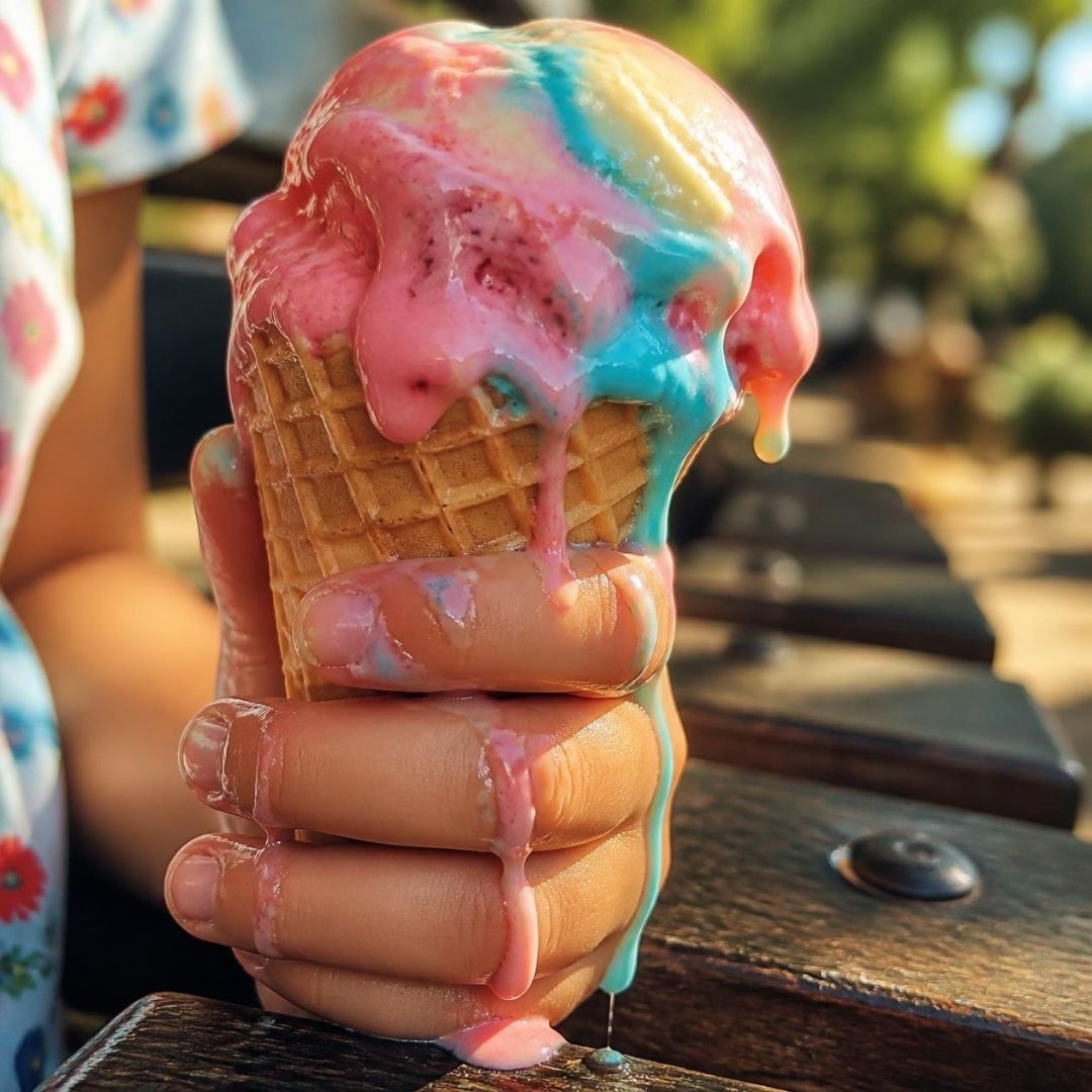 Gelato derretendo na mão de uma criança. Foco curto.