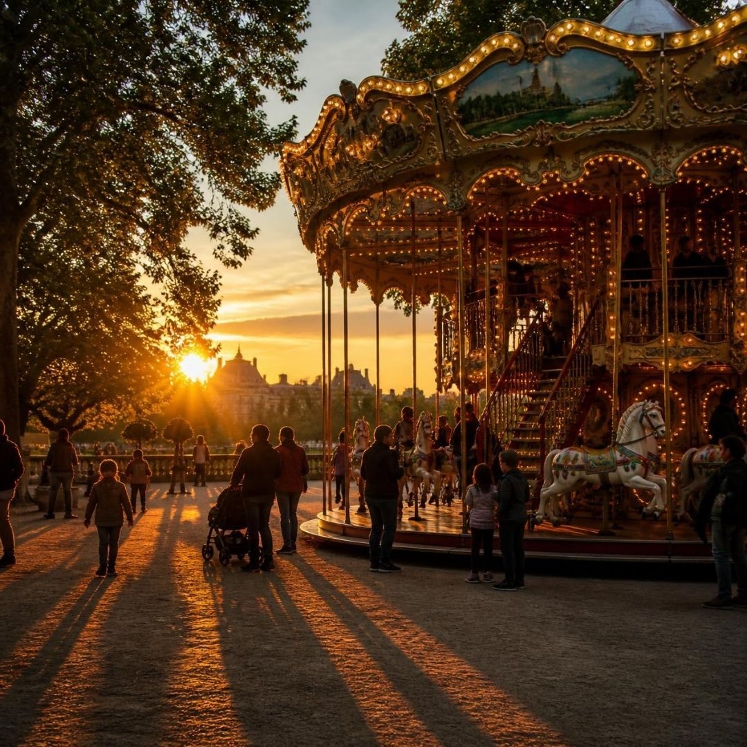 Carrossel do Jardim de Luxemburgo. Criança rindo.